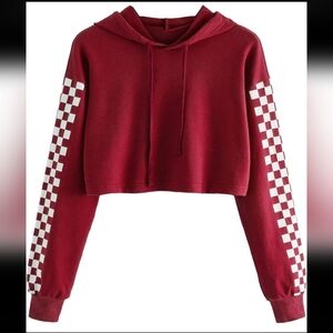 Women's Red Checkered Sleeve Crop Hoodie